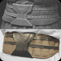 Comparison photo of the belt for Captain Cold in the video game "Injustice 2".  Padded leather covered over with punched hole details.